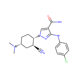 CN(C)[C@@H]1CC[C@H](n2cc(C(N)=O)c(Nc3ccc(Cl)cc3)n2)[C@@H](C#N)C1 ZINC000222974980