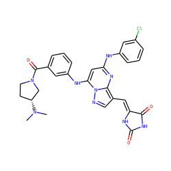 CN(C)[C@@H]1CCN(C(=O)c2cccc(Nc3cc(Nc4cccc(Cl)c4)nc4c(/C=C5\NC(=O)NC5=O)cnn34)c2)C1 ZINC000167216508