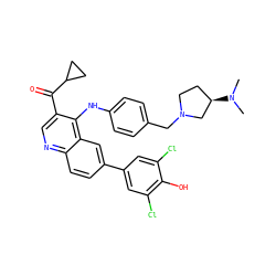 CN(C)[C@@H]1CCN(Cc2ccc(Nc3c(C(=O)C4CC4)cnc4ccc(-c5cc(Cl)c(O)c(Cl)c5)cc34)cc2)C1 ZINC000114038299