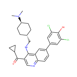 CN(C)[C@H]1CC[C@H](CNc2c(C(=O)C3CC3)cnc3ccc(-c4cc(Cl)c(O)c(Cl)c4)cc23)CC1 ZINC000473201100