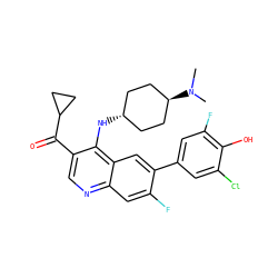 CN(C)[C@H]1CC[C@H](Nc2c(C(=O)C3CC3)cnc3cc(F)c(-c4cc(F)c(O)c(Cl)c4)cc23)CC1 ZINC000473200943