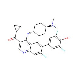 CN(C)[C@H]1CC[C@H](Nc2c(C(=O)C3CC3)cnc3cc(F)c(-c4cc(F)c(O)c(F)c4)cc23)CC1 ZINC000473201204