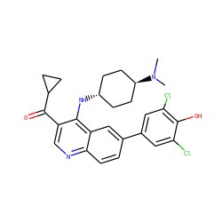CN(C)[C@H]1CC[C@H](Nc2c(C(=O)C3CC3)cnc3ccc(-c4cc(Cl)c(O)c(Cl)c4)cc23)CC1 ZINC000473201103