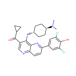 CN(C)[C@H]1CC[C@H](Nc2c(C(=O)C3CC3)cnc3ccc(-c4cc(Cl)c(O)c(Cl)c4)nc23)CC1 ZINC000473164976