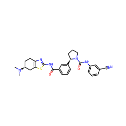 CN(C)[C@H]1CCc2nc(NC(=O)c3cccc([C@H]4CCCN4C(=O)Nc4cccc(C#N)c4)c3)sc2C1 ZINC000141656074