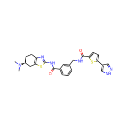 CN(C)[C@H]1CCc2nc(NC(=O)c3cccc(CNC(=O)c4ccc(-c5cn[nH]c5)s4)c3)sc2C1 ZINC000167967329