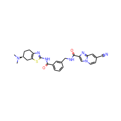 CN(C)[C@H]1CCc2nc(NC(=O)c3cccc(CNC(=O)c4cn5ccc(C#N)cc5n4)c3)sc2C1 ZINC000167961847