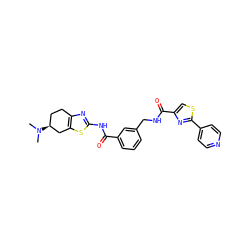 CN(C)[C@H]1CCc2nc(NC(=O)c3cccc(CNC(=O)c4csc(-c5ccncc5)n4)c3)sc2C1 ZINC000167966735