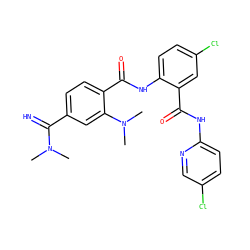 CN(C)C(=N)c1ccc(C(=O)Nc2ccc(Cl)cc2C(=O)Nc2ccc(Cl)cn2)c(N(C)C)c1 ZINC000040914729