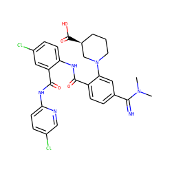 CN(C)C(=N)c1ccc(C(=O)Nc2ccc(Cl)cc2C(=O)Nc2ccc(Cl)cn2)c(N2CCC[C@H](C(=O)O)C2)c1 ZINC000036126781