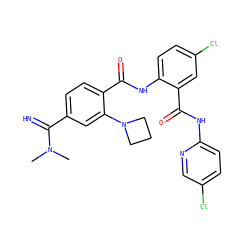 CN(C)C(=N)c1ccc(C(=O)Nc2ccc(Cl)cc2C(=O)Nc2ccc(Cl)cn2)c(N2CCC2)c1 ZINC000040914778
