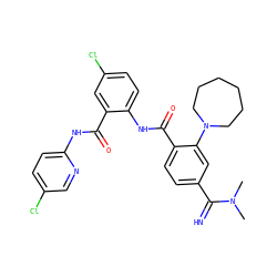 CN(C)C(=N)c1ccc(C(=O)Nc2ccc(Cl)cc2C(=O)Nc2ccc(Cl)cn2)c(N2CCCCCC2)c1 ZINC000044417296