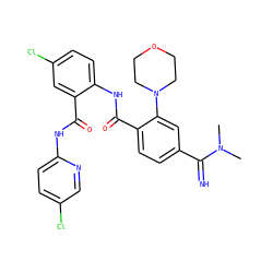 CN(C)C(=N)c1ccc(C(=O)Nc2ccc(Cl)cc2C(=O)Nc2ccc(Cl)cn2)c(N2CCOCC2)c1 ZINC000044417293