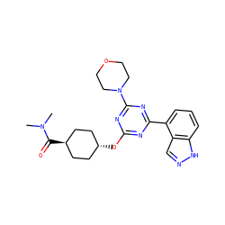 CN(C)C(=O)[C@H]1CC[C@H](Oc2nc(-c3cccc4[nH]ncc34)nc(N3CCOCC3)n2)CC1 ZINC000653723614