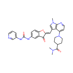 CN(C)C(=O)C1CCN(c2ccnc3c2c(/C=C2\Oc4ccc(NC(=O)Nc5cccnc5)cc4C2=O)cn3C)CC1 ZINC000049781137