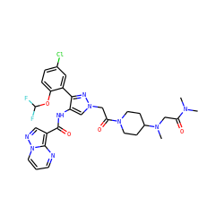 CN(C)C(=O)CN(C)C1CCN(C(=O)Cn2cc(NC(=O)c3cnn4cccnc34)c(-c3cc(Cl)ccc3OC(F)F)n2)CC1 ZINC001772574803