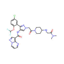 CN(C)C(=O)CNC1CCN(C(=O)Cn2cc(NC(=O)c3cnn4cccnc34)c(-c3cc(Cl)ccc3OC(F)F)n2)CC1 ZINC001772581803