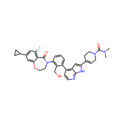 CN(C)C(=O)N1CC=C(c2cc3c(-c4cccc(N5CCOc6cc(C7CC7)cc(F)c6C5=O)c4CO)ccnc3[nH]2)CC1 ZINC000148722317