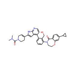 CN(C)C(=O)N1CC=C(c2cc3c(-c4cccc(N5CCOc6cc(C7CC7)ccc6C5=O)c4CO)ccnc3[nH]2)CC1 ZINC000224764469