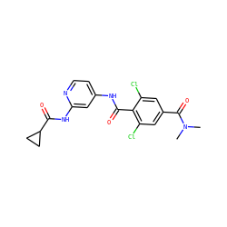 CN(C)C(=O)c1cc(Cl)c(C(=O)Nc2ccnc(NC(=O)C3CC3)c2)c(Cl)c1 ZINC000096928694