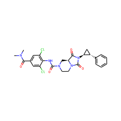 CN(C)C(=O)c1cc(Cl)c(NC(=O)N2CCN3C(=O)N([C@H]4C[C@@H]4c4ccccc4)C(=O)[C@@H]3C2)c(Cl)c1 ZINC000072106540