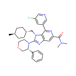 CN(C)C(=O)c1cc2nc(N3CCOC[C@H]3c3ccccc3)n(C[C@H]3CC[C@H](C)CC3)c2c(-c2cncc(Cl)c2)n1 ZINC000261169337