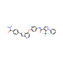 CN(C)C(=O)c1ccc(-c2cc3nccc(Oc4ccc(NC(=O)c5cnn(-c6ccccc6)c5C(F)(F)F)cc4F)c3s2)cc1 ZINC000049784010
