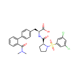 CN(C)C(=O)c1ccccc1-c1ccc(C[C@H](NC(=O)[C@@H]2CCCN2S(=O)(=O)c2cc(Cl)cc(Cl)c2)C(=O)O)cc1 ZINC000026646963