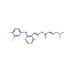CN(C)C/C=C/C(=O)Nc1cc2c(Nc3ccc(F)c(Cl)c3)ncnc2s1 ZINC000169311829