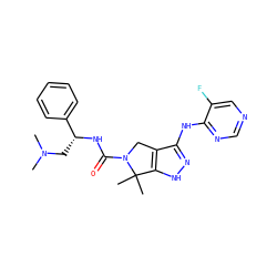 CN(C)C[C@@H](NC(=O)N1Cc2c(Nc3ncncc3F)n[nH]c2C1(C)C)c1ccccc1 ZINC000117594477