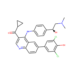 CN(C)C[C@@H](O)c1ccc(Nc2c(C(=O)C3CC3)cnc3ccc(-c4cc(Cl)c(O)c(Cl)c4)cc23)cc1 ZINC000114035378