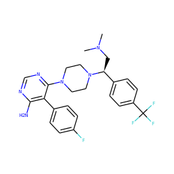 CN(C)C[C@@H](c1ccc(C(F)(F)F)cc1)N1CCN(c2ncnc(N)c2-c2ccc(F)cc2)CC1 ZINC000206939756