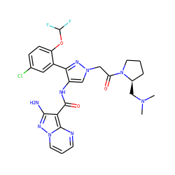 CN(C)C[C@@H]1CCCN1C(=O)Cn1cc(NC(=O)c2c(N)nn3cccnc23)c(-c2cc(Cl)ccc2OC(F)F)n1 ZINC001772612909
