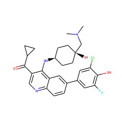 CN(C)C[C@]1(O)CC[C@@H](Nc2c(C(=O)C3CC3)cnc3ccc(-c4cc(F)c(O)c(Cl)c4)cc23)CC1 ZINC000473159172