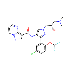 CN(C)C[C@H](O)Cn1cc(NC(=O)c2cnn3cccnc23)c(-c2cc(Cl)ccc2OC(F)F)n1 ZINC001772578835