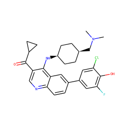 CN(C)C[C@H]1CC[C@@H](Nc2c(C(=O)C3CC3)cnc3ccc(-c4cc(F)c(O)c(Cl)c4)cc23)CC1 ZINC000473215511