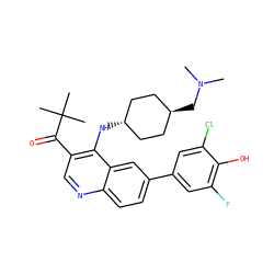CN(C)C[C@H]1CC[C@H](Nc2c(C(=O)C(C)(C)C)cnc3ccc(-c4cc(F)c(O)c(Cl)c4)cc23)CC1 ZINC000473199359