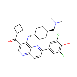 CN(C)C[C@H]1CC[C@H](Nc2c(C(=O)C3CCC3)cnc3ccc(-c4cc(Cl)c(O)c(Cl)c4)nc23)CC1 ZINC000473194459