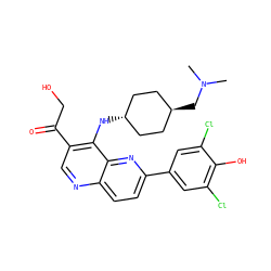 CN(C)C[C@H]1CC[C@H](Nc2c(C(=O)CO)cnc3ccc(-c4cc(Cl)c(O)c(Cl)c4)nc23)CC1 ZINC000473213514