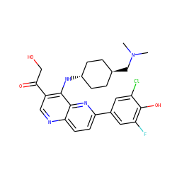 CN(C)C[C@H]1CC[C@H](Nc2c(C(=O)CO)cnc3ccc(-c4cc(F)c(O)c(Cl)c4)nc23)CC1 ZINC000473164958