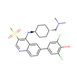 CN(C)C[C@H]1CC[C@H](Nc2c(S(C)(=O)=O)cnc3ccc(-c4cc(Cl)c(O)c(Cl)c4)cc23)CC1 ZINC000473210196