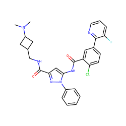 CN(C)C1CC(CNC(=O)c2cc(NC(=O)c3cc(-c4ncccc4F)ccc3Cl)n(-c3ccccc3)n2)C1 ZINC001772606082