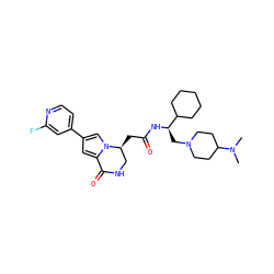 CN(C)C1CCN(C[C@@H](NC(=O)C[C@H]2CNC(=O)c3cc(-c4ccnc(F)c4)cn32)C2CCCCC2)CC1 ZINC000205293992