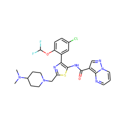 CN(C)C1CCN(Cc2nc(-c3cc(Cl)ccc3OC(F)F)c(NC(=O)c3cnn4cccnc34)s2)CC1 ZINC001772603005