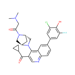 CN(C)CC(=O)N1C[C@H]2C[C@H]1CN2c1c(C(=O)C2CC2)cnc2ccc(-c3cc(F)c(O)c(Cl)c3)cc12 ZINC000219859935