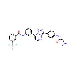 CN(C)CC(=O)Nc1ccc(-c2cnn3c(-c4cccc(NC(=O)c5cccc(C(F)(F)F)c5)c4)ccnc23)cc1 ZINC000049780503