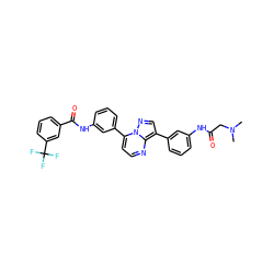 CN(C)CC(=O)Nc1cccc(-c2cnn3c(-c4cccc(NC(=O)c5cccc(C(F)(F)F)c5)c4)ccnc23)c1 ZINC000049775143