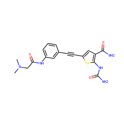 CN(C)CC(=O)Nc1cccc(C#Cc2cc(C(N)=O)c(NC(N)=O)s2)c1 ZINC000028525292