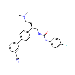 CN(C)CC[C@@H](CNC(=O)Nc1ccc(F)cc1)c1ccc(-c2cccc(C#N)c2)cc1 ZINC000028116304