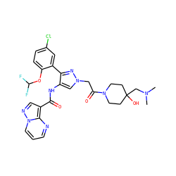 CN(C)CC1(O)CCN(C(=O)Cn2cc(NC(=O)c3cnn4cccnc34)c(-c3cc(Cl)ccc3OC(F)F)n2)CC1 ZINC001772636488